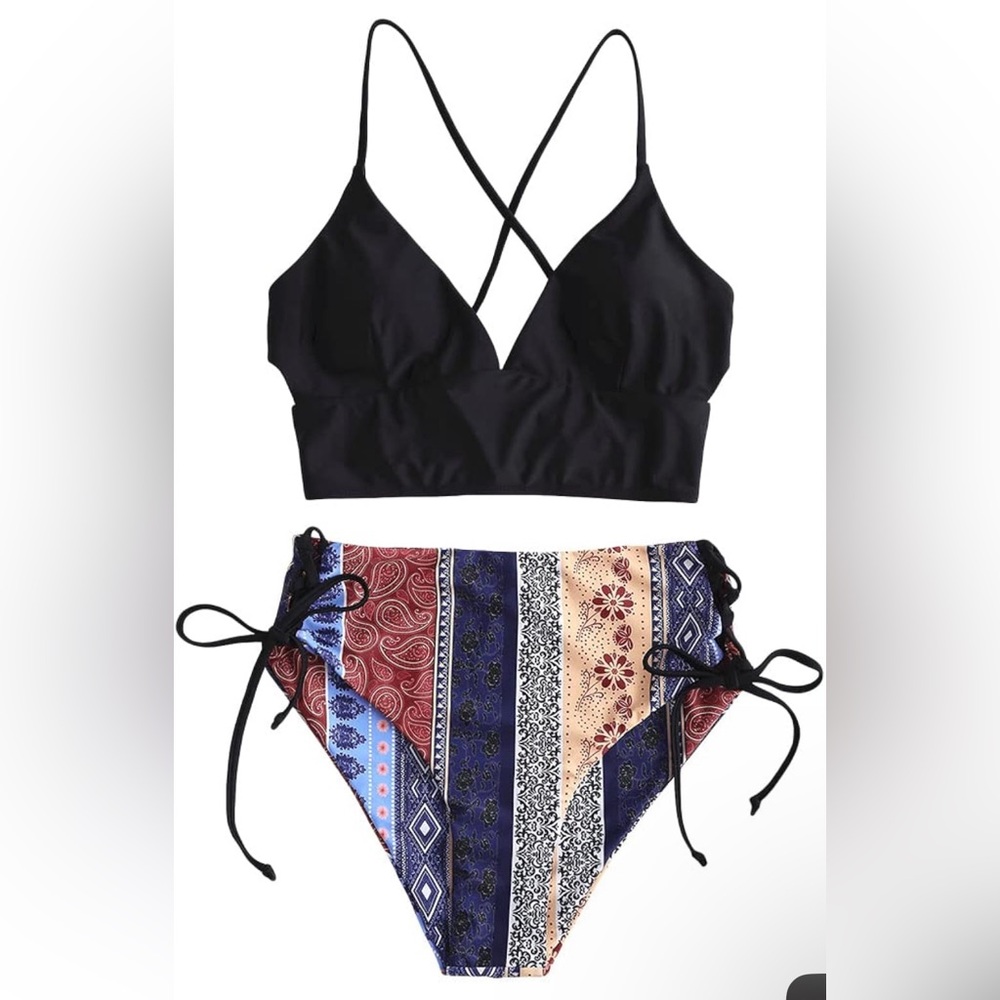 ZAFUL VNeck Tankini Set Ribbed High Cut Surplice Bikini High Waisted Two Piece